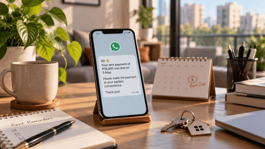 Tenant Stops Paying Rent, What Can I Do If My Tenant Stops Paying Rent?, Rentok Rent payment reminder sent to a tenant on WhatsApp, showing the due amount and payment date on a smartphone.