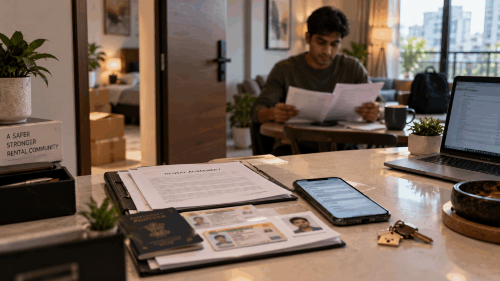 Documents for Tenant Police Verification, What Documents Do You Need for Tenant Police Verification?, Rentok Tenant reviewing identity documents and rental paperwork during the police verification process for a new rental home.