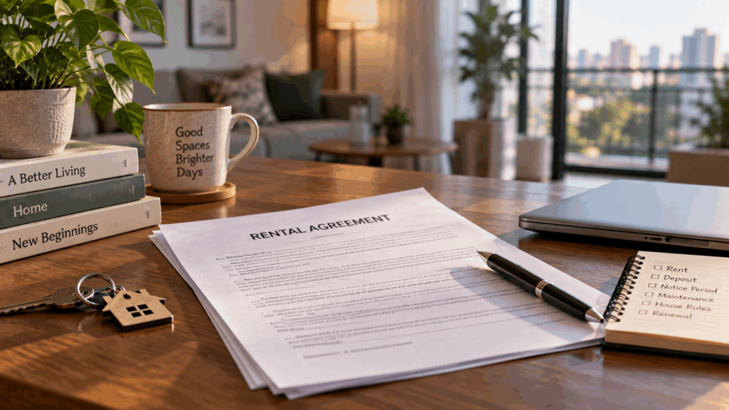 Read a Rent Agreement Before Signing, How to Read a Rent Agreement Before Signing: What to Watch Out For, Rentok Rental agreement document with pen and checklist showing key terms tenants should review before signing a rental agreement in India.