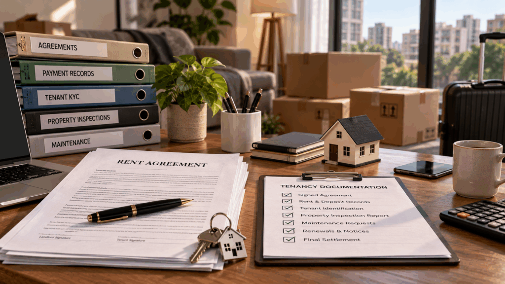 Rent Agreement Rules, Why Rent Agreement Rules Are Different in Every Indian State, Rentok Rental compliance workspace with a rent agreement, tenant records, payment documents, property inspection checklist, and keys representing organised rental documentation.