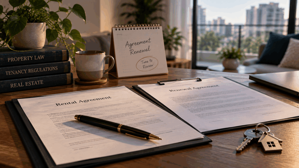 Rental agreement renewal documents with keys on a desk, representing rent increase and tenancy renewal in India.