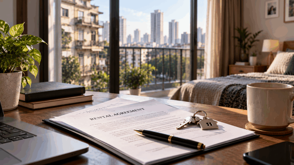 Rent Control Law in India, What Is Rent Control Law in India, and Which Cities Are Still Covered?, Rentok Rental agreement, house keys, and pen on a desk inside a modern apartment, representing rent control laws and tenant rights in India.