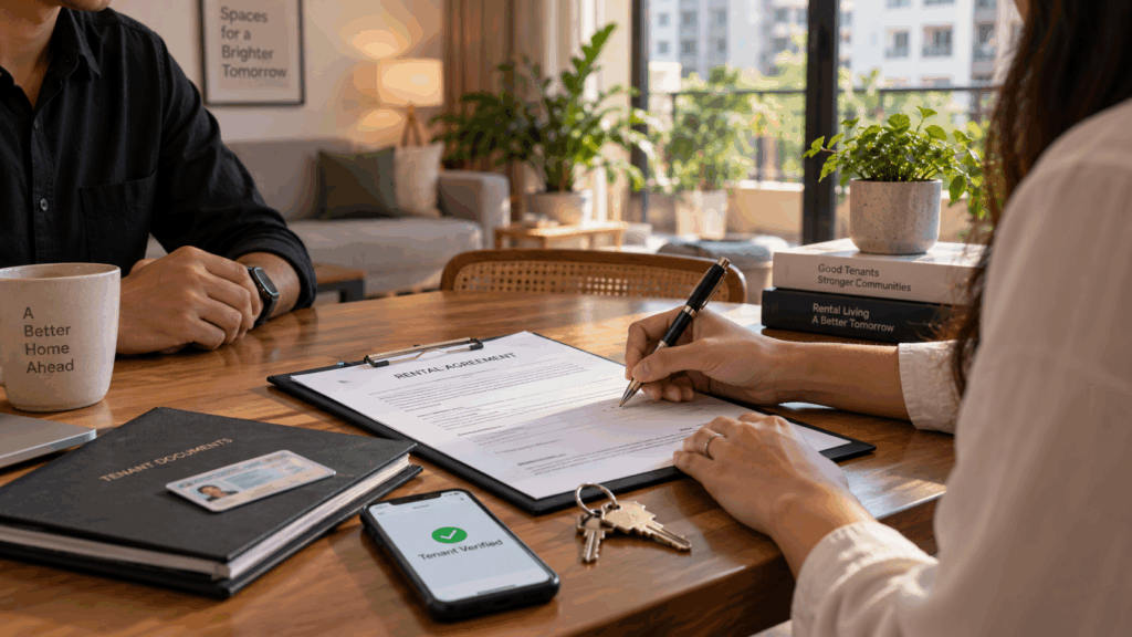 Rental agreement and tenant verification documents being signed for a transparent and professional rental process in India.