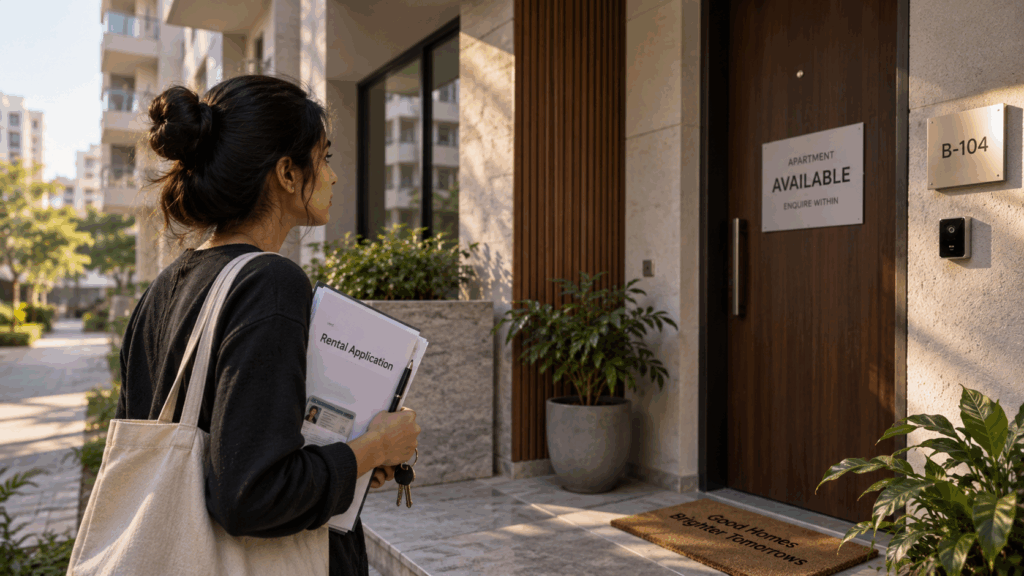Young Indian tenant seeking rental accommodation in a modern apartment, highlighting unmarried tenants&rsquo; rental rights in India.