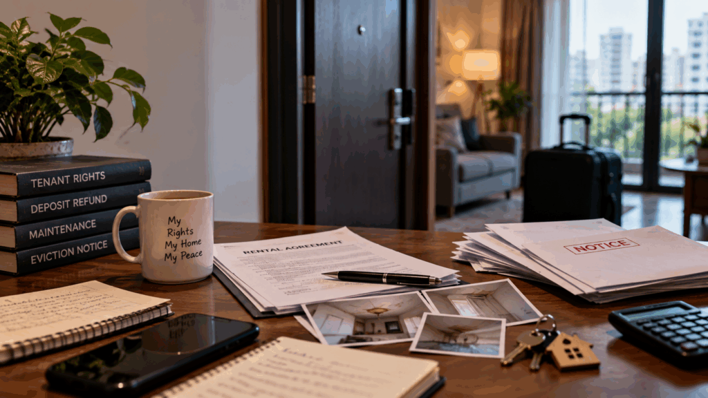 Rental dispute in India with rental agreement, tenant rights documents, payment records, and eviction notice.