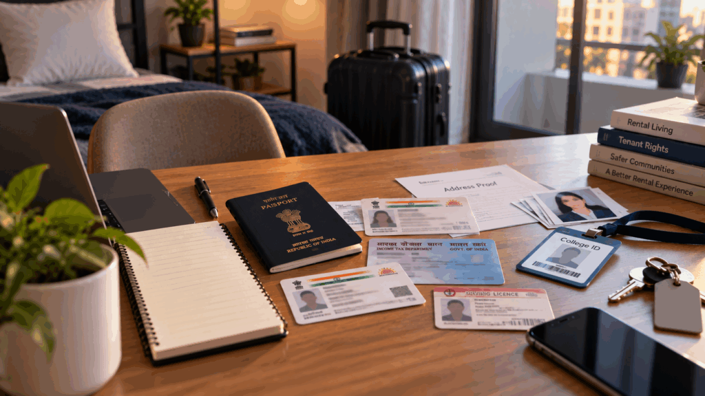 KYC Documents, What Your Landlord Can and Cannot Store From Your KYC Documents, Rentok Tenant KYC data security in India, with identity documents, Aadhaar, and rental verification paperwork arranged on an apartment desk.