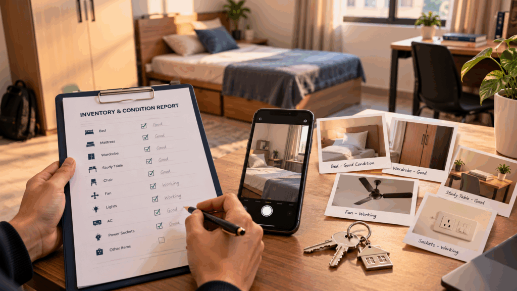 Handing Over My Rental Property, What Documents Do I Actually Need Before Handing Over My Rental Property?, Rentok Rental property inventory and condition report documenting furniture, appliances, keys, and room condition before tenant handover.