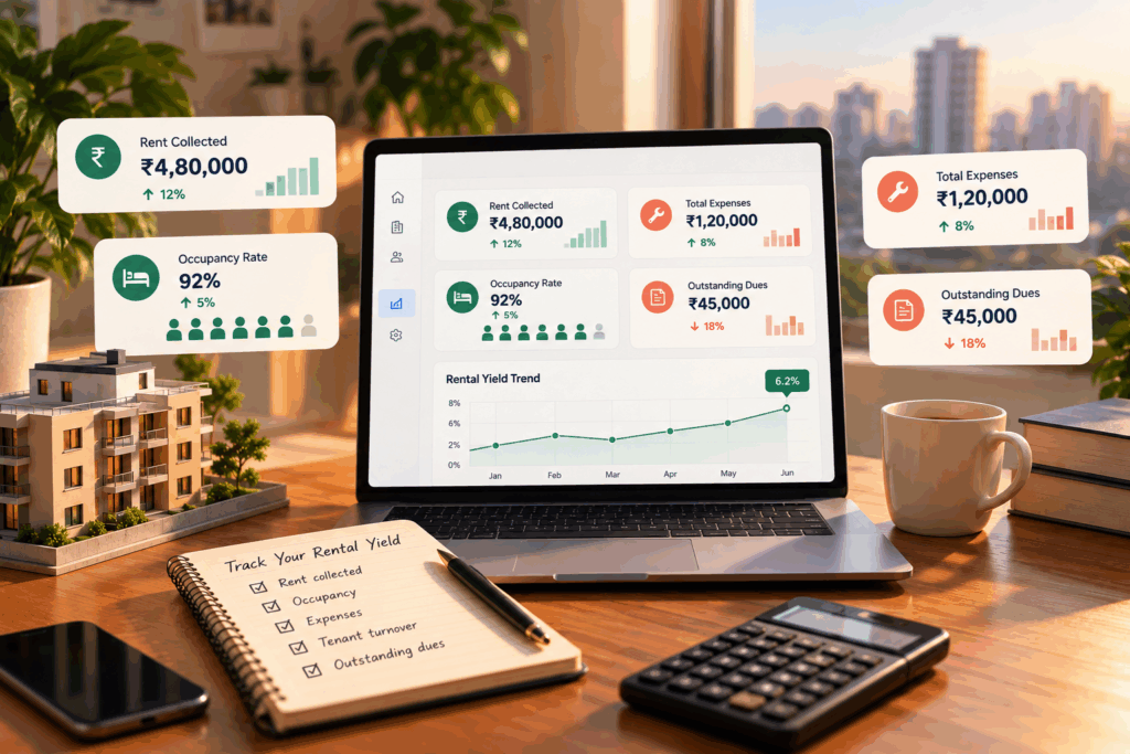 Rental property yield tracking dashboard showing rent collected, occupancy, expenses, outstanding dues, tenant turnover, and rental yield performance for landlords and property managers.