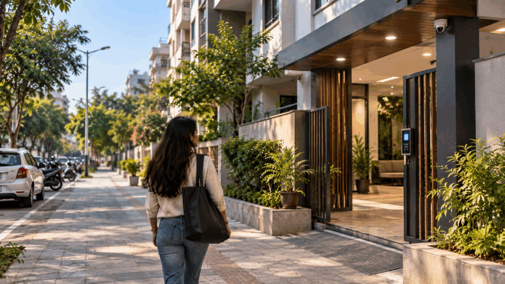 Young woman walking toward a secure PG entrance on a well-lit residential street, highlighting safety around PG accommodation.