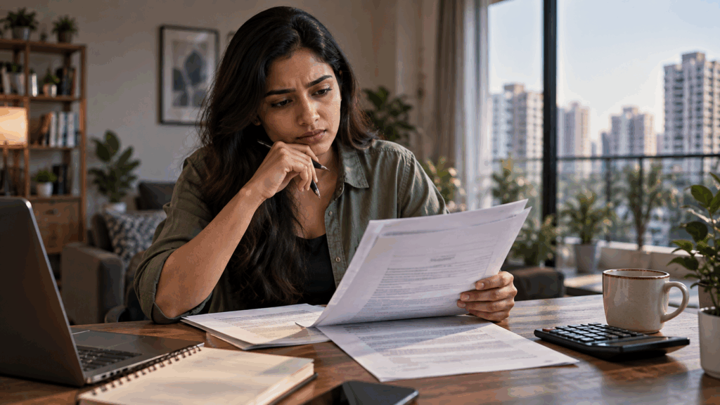 Young Indian tenant reviewing a rent agreement and rent increase notice while checking rental laws in India