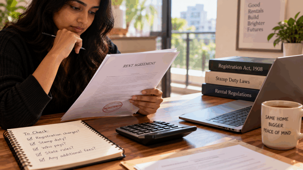 Registered Rent Agreement, Why You Should Always Insist on a Registered Rent Agreement, Rentok Tenant reviewing rent agreement registration charges, stamp duty, and rental documentation before signing.