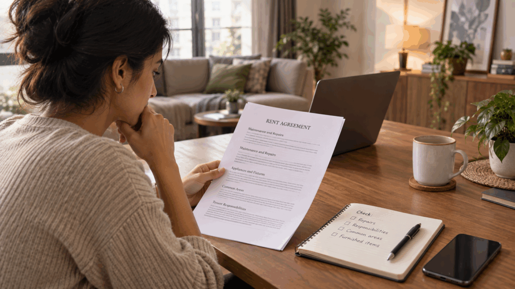 Tenant reviewing a rental agreement and checking maintenance responsibilities in a modern apartment.
