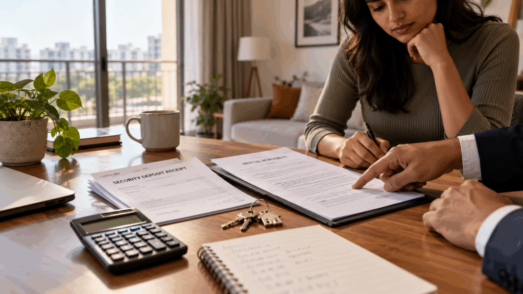 Tenant reviewing rental agreement and security deposit terms with property representative in a modern apartment, illustrating security deposit deductions and refund rights in India.