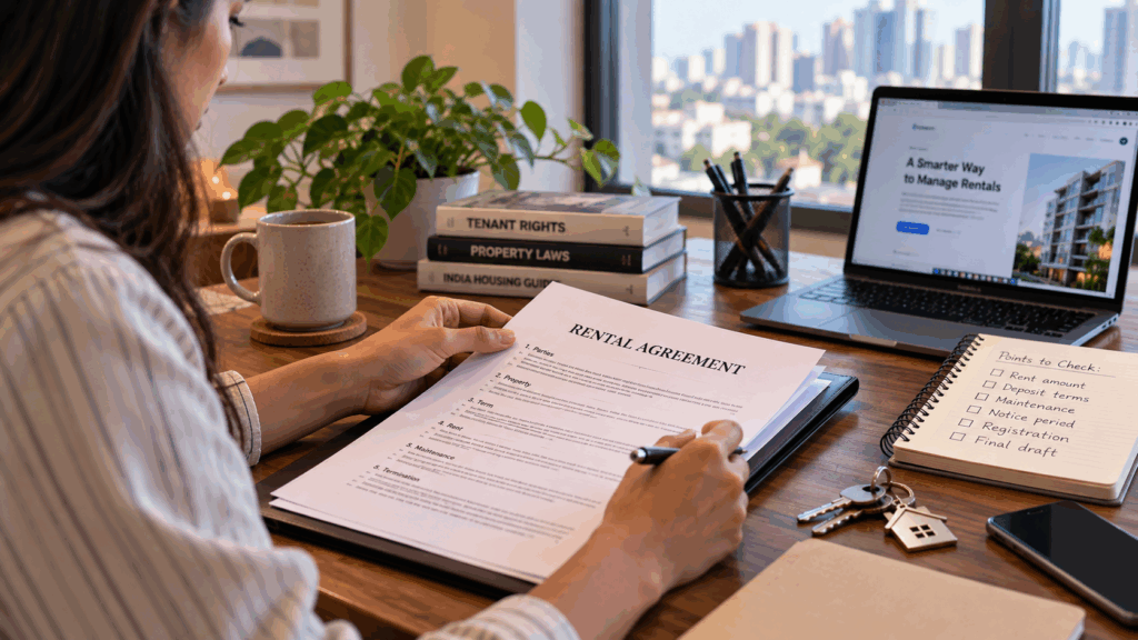 Negotiate Rent and Maintenance Terms, How to Negotiate Rent and Maintenance Terms Before Signing, Rentok Tenant reviewing a rental agreement and checking lease terms, maintenance responsibilities, and important documents at a desk.