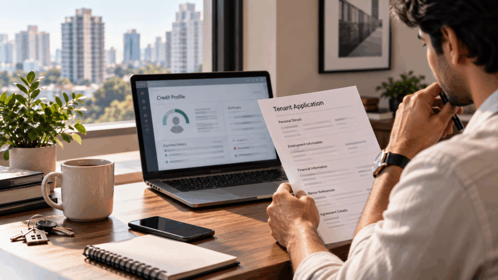 CIBIL Scores, Why Landlords Check CIBIL Scores Before Renting, Rentok Property manager reviewing a tenant’s credit history and rental application during the tenant screening process.