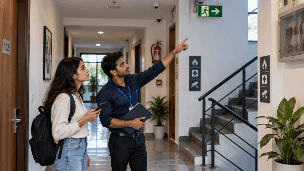 PG or Hostel is Legally Registered, How to Check If Your PG or Hostel is Legally Registered in India, Rentok Tenant inspecting PG building safety features, emergency exits, fire equipment, and electrical systems with a property manager.