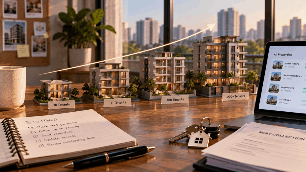 Free Rent Collection App, What’s the Best Free Rent Collection App in India?, Rentok Rental business growth with multiple properties, increasing tenant capacity, and digital rent collection management