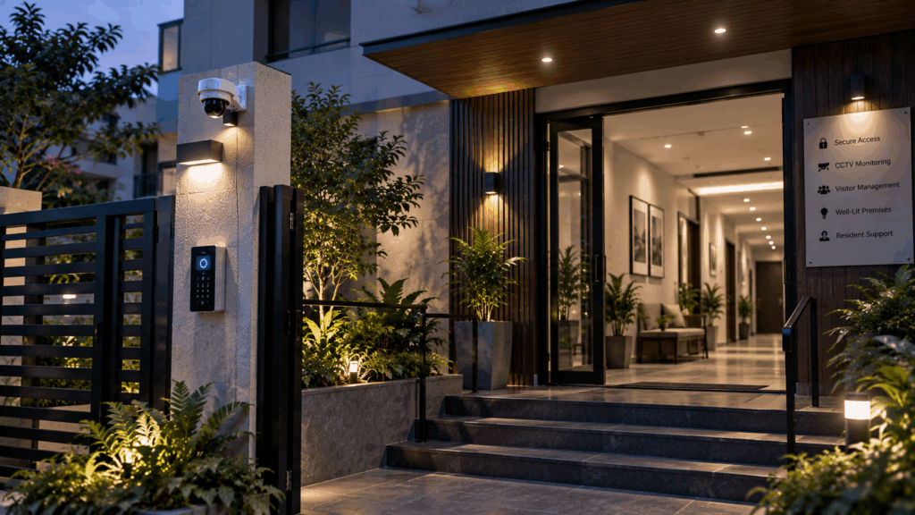 Modern PG entrance with CCTV, secure access control, visitor management, and well-lit premises supporting women&rsquo;s safety and organized property management.