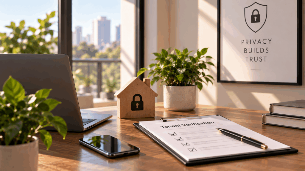 CIBIL Scores, Why Landlords Check CIBIL Scores Before Renting, Rentok Privacy-focused tenant verification setup with a rental checklist, laptop, house-shaped lock, and documents representing secure tenant data management.