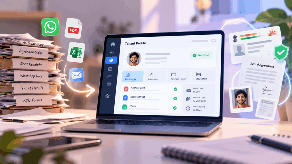 PG Software Actually Fits, RentOk vs Crib vs My PG Manager: Which PG Software Actually Fits My Business?, Rentok Tenant KYC and document verification dashboard showing tenant records, agreements, payment history, and stay details.