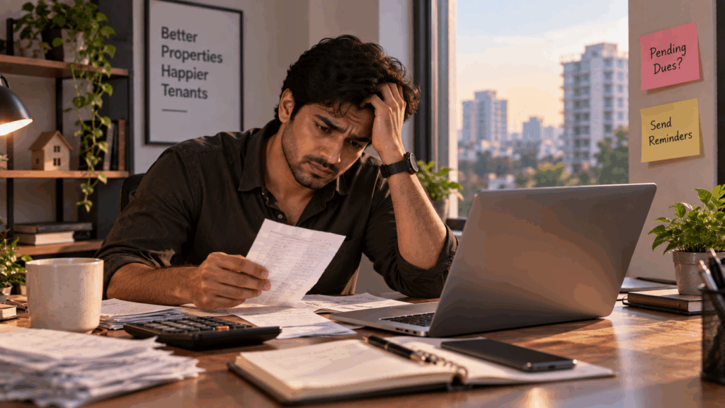 Stressed property manager manually tracking rent payments, receipts, pending dues, and tenant records.