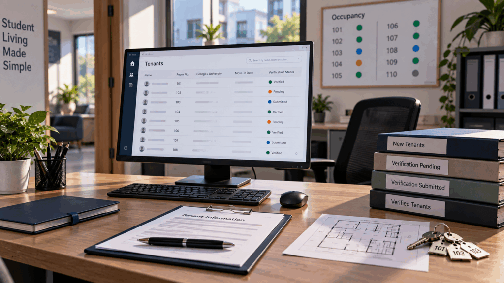 Students Need Tenant Verification, Why Students Need Tenant Verification Done Before Moving Into a PG, Rentok PG tenant verification management dashboard showing organized student tenant records and verification statuses.