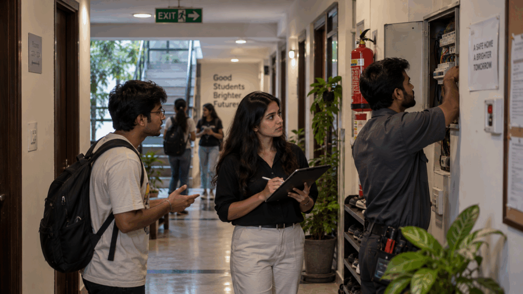 Safety in Delhi PG's, The Satya Niketan PG Collapse: What It Means for Safety in Delhi PG’s, Rentok PG property manager conducting a safety and maintenance inspection in a Delhi student accommodation