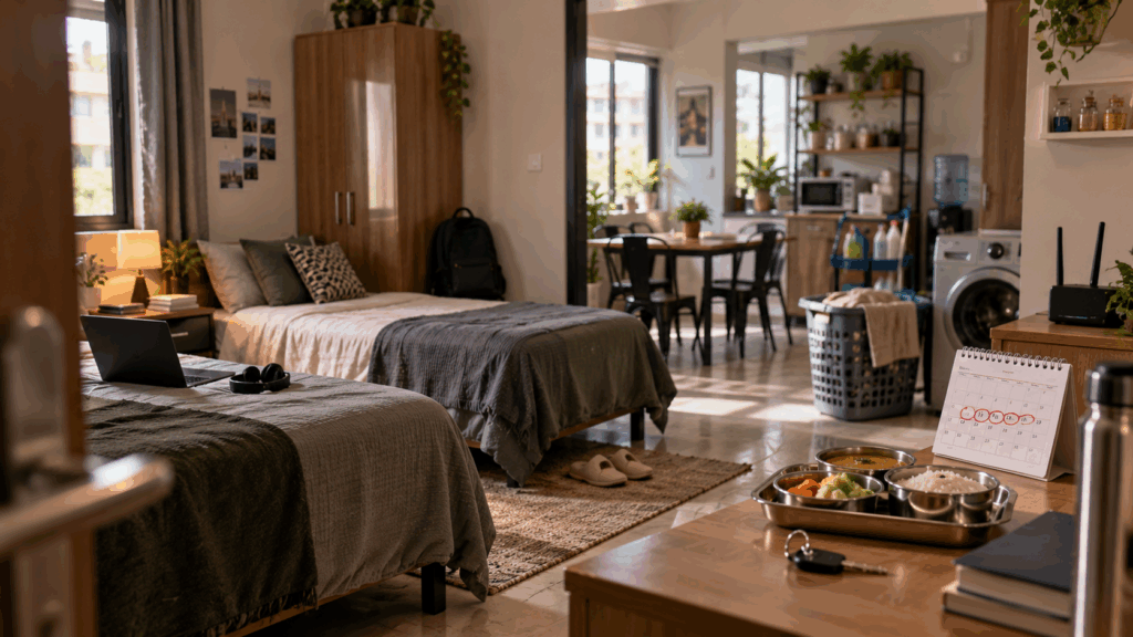PG accommodation and GST charges in India, showing a modern long-term hostel room with included amenities