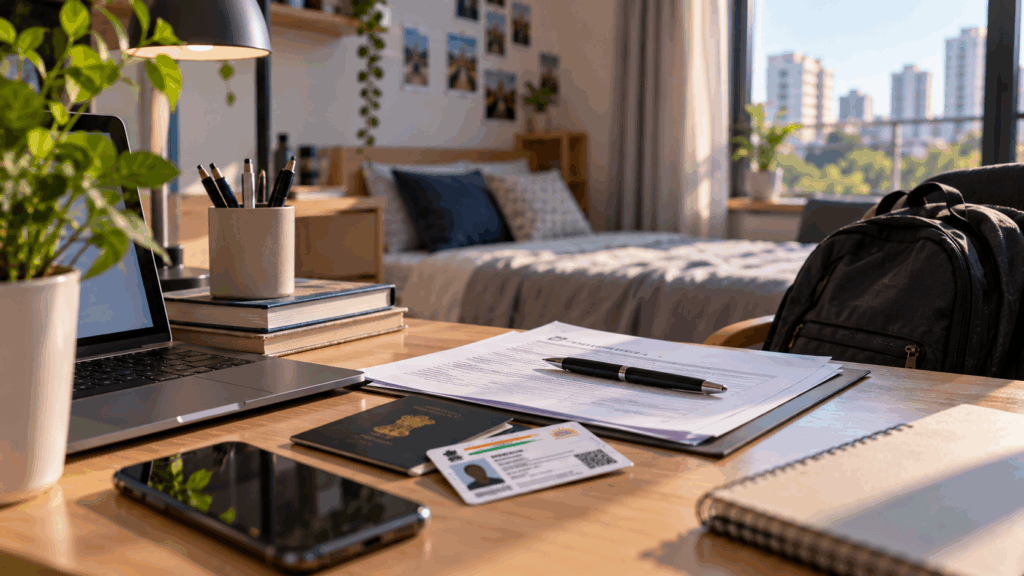 Students Need Tenant Verification, Why Students Need Tenant Verification Done Before Moving Into a PG, Rentok Student tenant verification documents and rental agreement on a desk in a modern PG room.