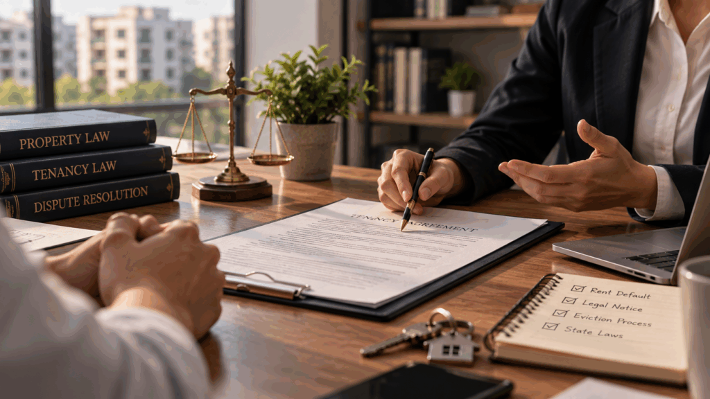 Tenant Stops Paying Rent, What Can I Do If My Tenant Stops Paying Rent?, Rentok Landlord consulting a legal professional about a tenancy agreement, rent default, legal notice, eviction, and applicable rental laws.