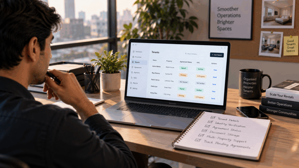 Digital Rent Agreement, Why a Digital Rent Agreement Is Just as Legally Valid as a Paper One, Rentok Property manager reviewing a digital tenant management dashboard with rental agreements, KYC verification, document storage, and multi-property tracking on a laptop.