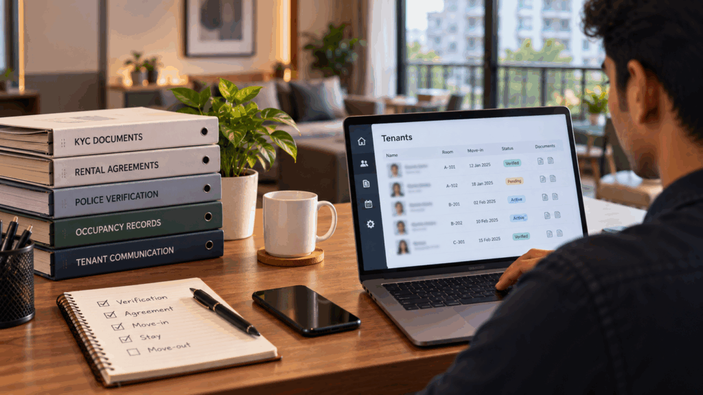 Handle Your Personal Data During Verification, How Landlords Must Legally Handle Your Personal Data During Verification, Rentok Property manager organizing tenant KYC documents, rental agreements, police verification, and occupancy records digitally.