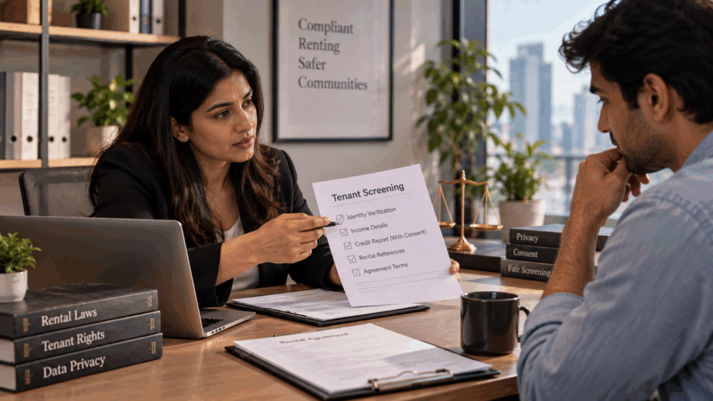 CIBIL Scores, Why Landlords Check CIBIL Scores Before Renting, Rentok Real estate consultant explaining tenant screening, CIBIL checks, and rental privacy requirements to a prospective tenant.