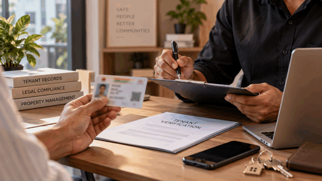 Tenant police verification process with identity documents and tenant records being checked for rental property compliance in India.