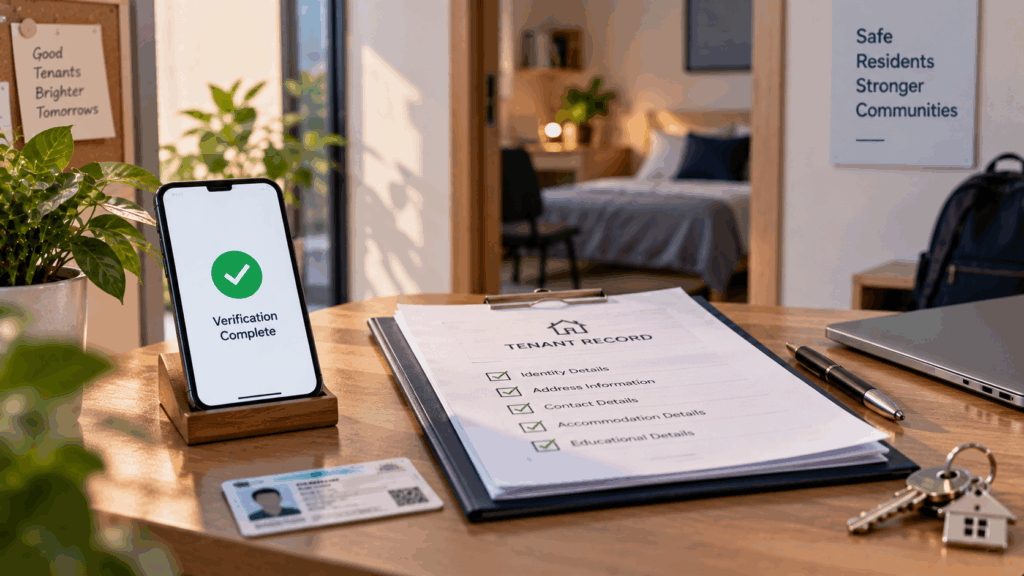 Students Need Tenant Verification, Why Students Need Tenant Verification Done Before Moving Into a PG, Rentok Student tenant verification with verified documents, rental records, keys, and a digital verification check in a modern PG.
