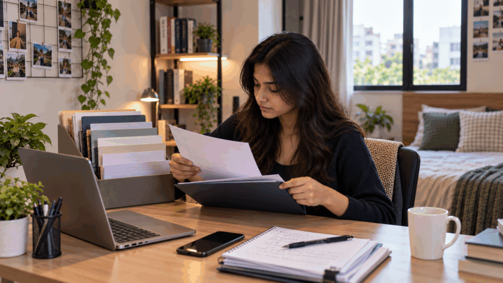 PG or Hostel is Legally Registered, How to Check If Your PG or Hostel is Legally Registered in India, Rentok Tenant organising rental documents, payment records, and maintenance paperwork at a desk to maintain PG compliance records.