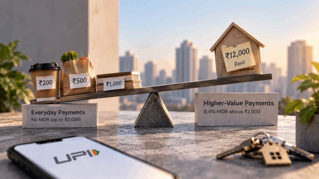 UPI MDR rule affecting high-value rent payments above ₹2,000 with 0.4% merchant discount rate.