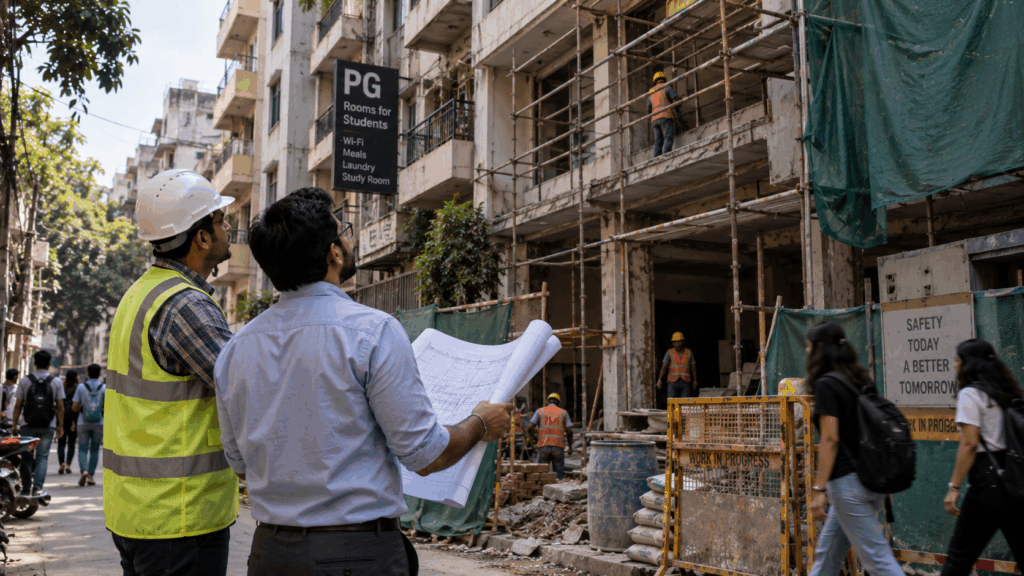 Safety in Delhi PG's, The Satya Niketan PG Collapse: What It Means for Safety in Delhi PG’s, Rentok Construction and safety inspection at a Delhi student PG building undergoing renovation