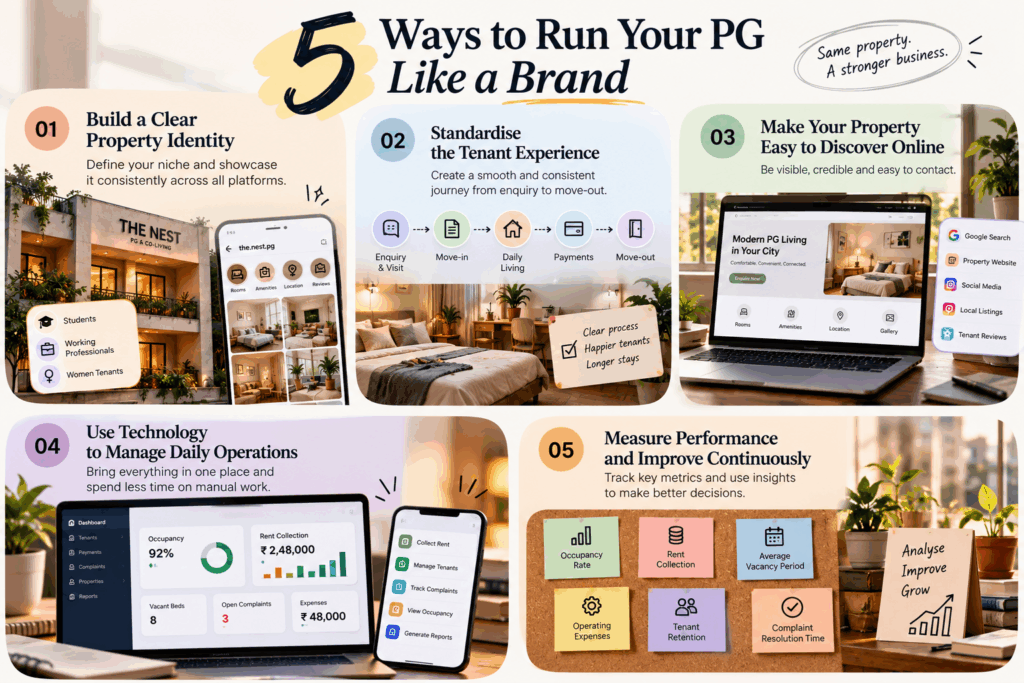 Infographic showing five ways to run a PG like a brand: build a clear identity, standardise tenant experience, improve online visibility, use property management technology, and track business performance.