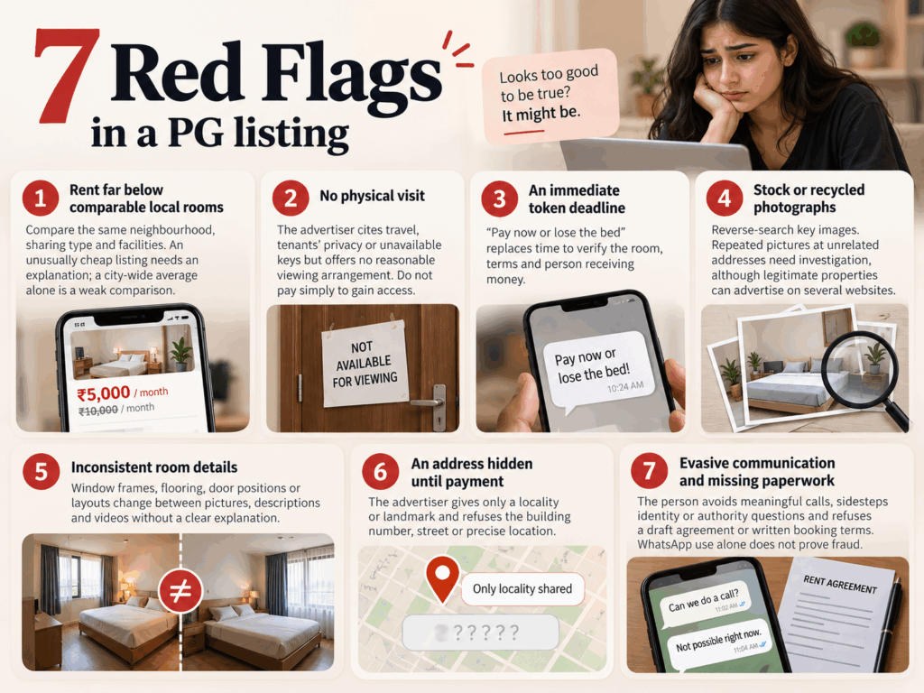 Infographic highlighting 7 red flags to watch for when choosing a PG accommodation in India, including unusually low rent, no physical property visit, urgent token payment demands, fake or recycled property photos, inconsistent room details, hidden addresses, and evasive communication or missing rental agreements.