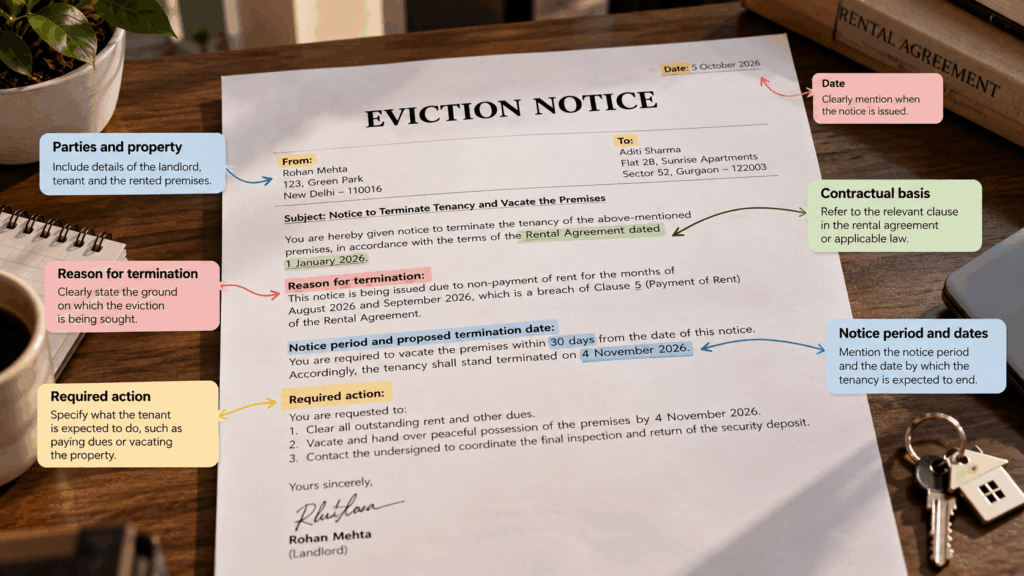 Eviction notice showing landlord and tenant details, termination reason, notice period, contractual basis, required action, and termination date.