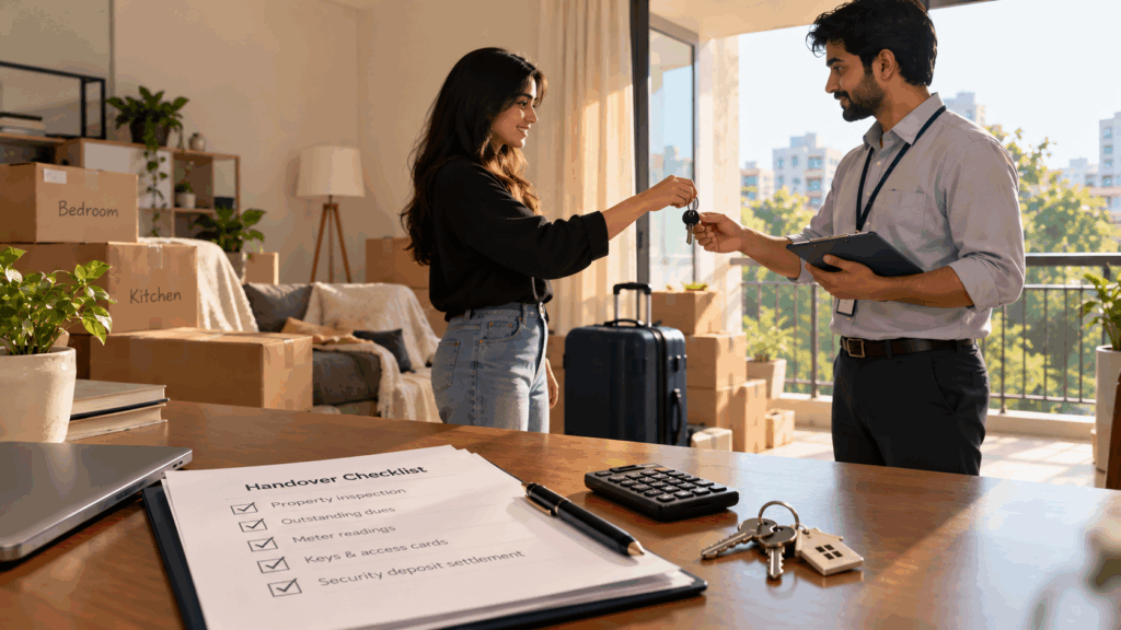 Tenant handing over apartment keys to a property manager during move-out, with moving boxes and a handover checklist for property inspection, dues, meter readings, and security deposit settlement.