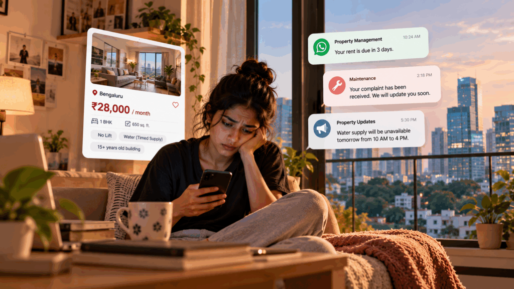 Young tenant in a Bengaluru apartment checking rental costs and property management updates on a smartphone, highlighting high rent, maintenance complaints, and tenant experience.