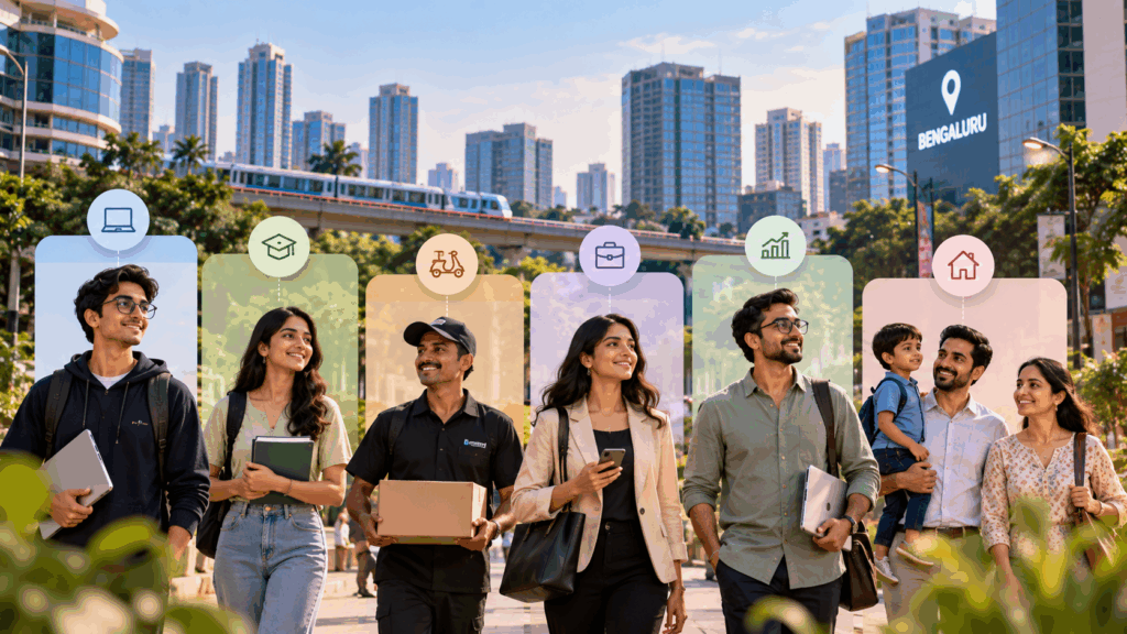 Diverse Bengaluru residents including professionals, students, service workers, entrepreneurs and families representing different income groups in the city.