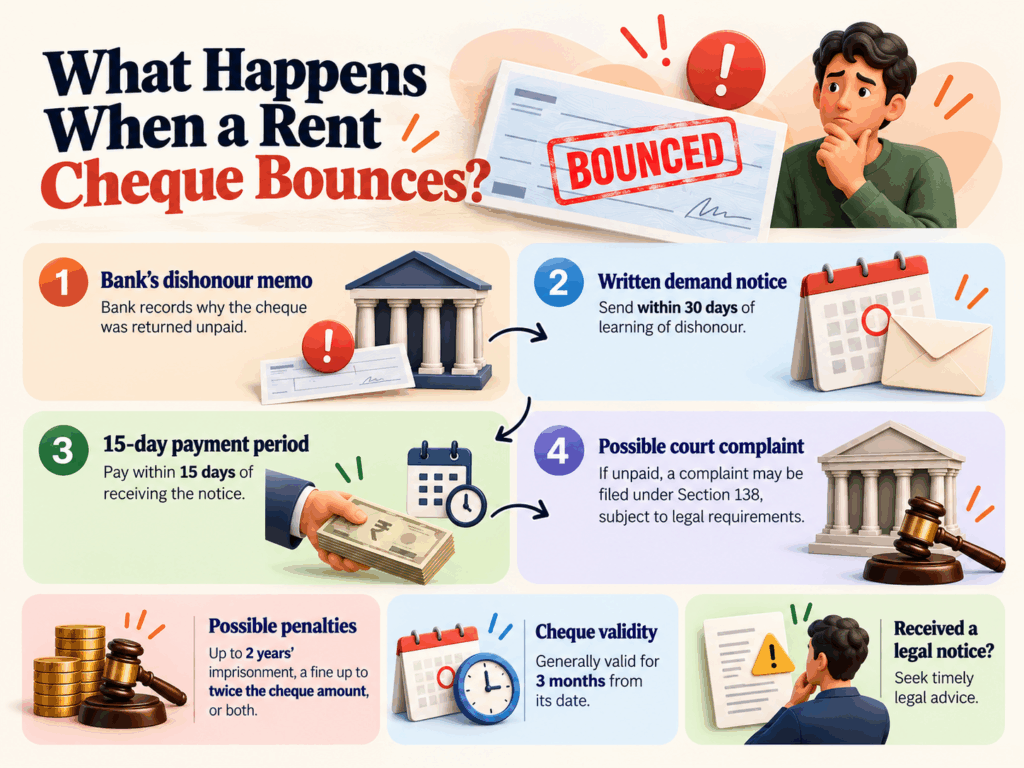 Infographic explaining what happens when a rent cheque bounces in India, including the cheque dishonour memo, 30-day legal notice, 15-day payment period, Section 138 legal action, possible penalties, and cheque validity.