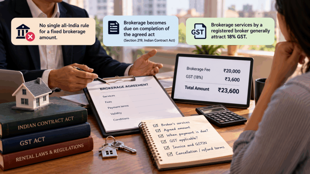 Rental brokerage charges and GST in India, illustrating the absence of a fixed nationwide brokerage limit, Section 219 of the Indian Contract Act, and the calculation of 18% GST on a ₹20,000 brokerage fee, bringing the total to ₹23,600.