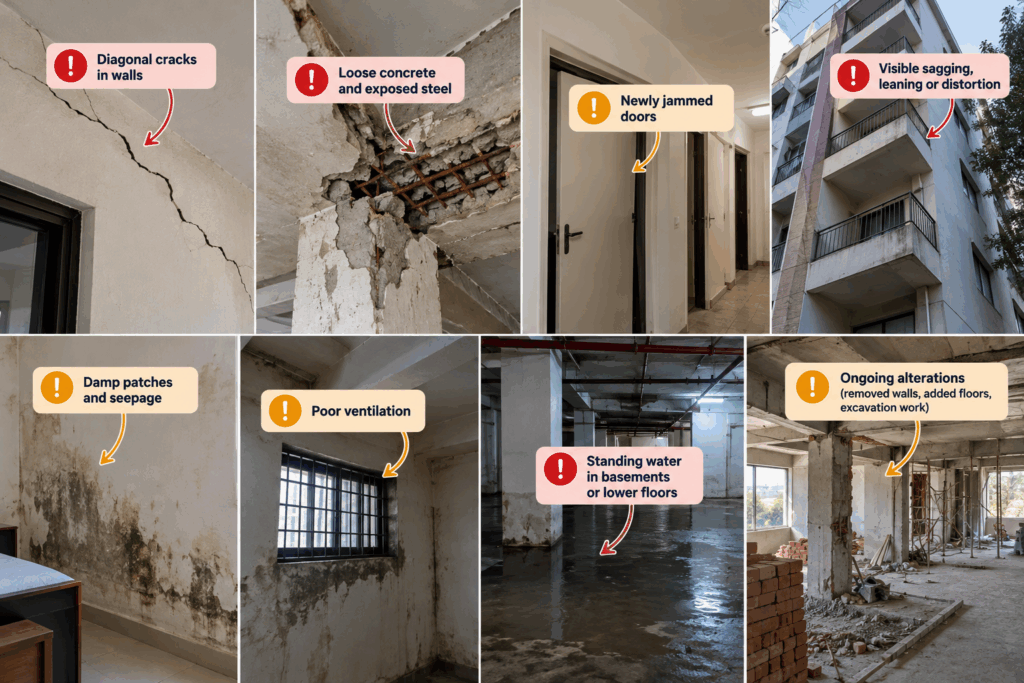 Building inspection checklist for PG accommodation showing structural cracks, exposed steel, loose concrete, damp walls, seepage, standing water, poor ventilation and unauthorised structural alterations to check before renting.