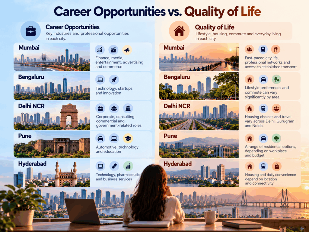Highest Rent, Mumbai Has the Highest Rent, but Is It the Best City to Live In?, Rentok Career opportunities and quality of life compared across Mumbai, Bengaluru, Delhi NCR, Pune and Hyderabad, highlighting industries, housing and commute trade-offs.