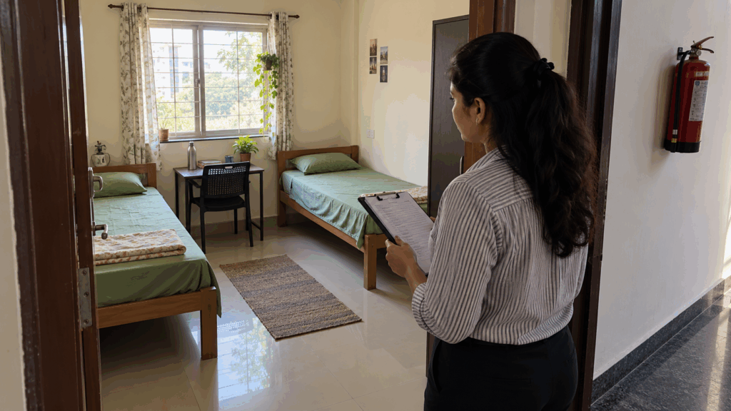 Property manager checking a shared PG room with two single beds, clear walking space and a corridor fire extinguisher.