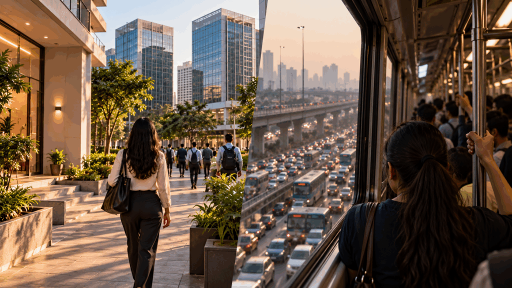Rent vs commute in Gurgaon, showing the contrast between living near office buildings and spending more time travelling through congested city traffic.